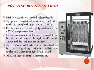 ROTATING BOTTLE METHOD
ROTATING BOTTLE METHOD
 Mainly used for controlled release beads.
Equipment consist of a rotating rack that
holds the sample drug products in bottles.
The bottles are capped tightly and rotated in
a 37⁰ C temperature bath.
At various times samples are removed from
the bottle, decanted through a 40 mesh
screen and the residues are assayed.
Equal volume of fresh medium is added to
the remaining drug residues within the
bottles and dissolution test is continued.
Disadvantage- manual and tedious.
 