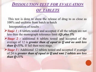 DISSOLUTION TEST FOR EVALUATION
OF TABLETS
This test is done to show the release of drug to as close as
100% and uniform from batch to batch
Interpretation of results :
Stage 1 : 6 tablets tested and accepted if all the tablets are not
less than the monograph tolerance limit (Q) plus 5%
Stage 2 : additional 6 tablets tested and accepted of the
average of 12 is greater than of equal to Q and no unit less
than Q-15%. If fail then next stage.
Stage 3 : Additional 12 tablets tested and accepted if average
of 24 is greater than of equal to Q and nmt 2 tablets are less
than Q-15%
 