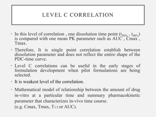 LEVEL C CORRELATION
• In this level of correlation , one dissolution time point (t50% , t90%)
is compared with one mean PK parameter such as AUC , Cmax ,
Tmax.
• Therefore, It is single point correlation establish between
dissolution parameter and does not reflect the entire shape of the
PDC-time curve.
• Level C correlations can be useful in the early stages of
formulation development when pilot formulations are being
selected.
• It is weakest level of the correlation.
• Mathematical model of relationship between the amount of drug
in-vitro at a particular time and summary pharmacokinetic
parameter that characterizes in-vivo time course.
(e.g. Cmax, Tmax, T1/2 or AUC).
 