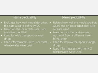 Internal predictability
• Evaluates how well model describes
the data used to define IVIVC
• based on the initial data sets used
to define the IVIVC
• Used for wide therapeutic range
drugs
• Used if formulations with 3 or more
release rates were used
External predictability
• Relates how well the model predicts
when one or more additional data
sets are used
• based on additional data sets
obtained from a different (new)
formulation
• Used for narrow therapeutic range
drugs
• Used if formulations with only 2
release rates were used
 