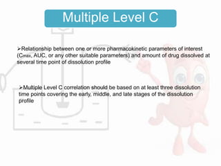 Multiple Level C
Relationship between one or more pharmacokinetic parameters of interest
(Cmax, AUC, or any other suitable parameters) and amount of drug dissolved at
several time point of dissolution profile
Multiple Level C correlation should be based on at least three dissolution
time points covering the early, middle, and late stages of the dissolution
profile
 