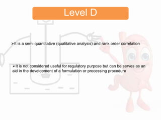 Level D
It is a semi quantitative (qualitative analysis) and rank order correlation
It is not considered useful for regulatory purpose but can be serves as an
aid in the development of a formulation or processing procedure
 