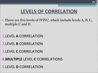 25

LEVELS OF CORRELATION
• There are five levels of IVIVC, which include levels A, B, C,
multiple C and D.

1.LEVEL A CORRELATION
2.LEVEL B CORRELATION
3.LEVEL C CORRELATION
4.MULTIPLE LEVEL C CORRELATIONS
5.LEVEL D CORRELATION

 