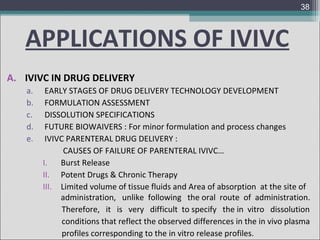 38

APPLICATIONS OF IVIVC
A. IVIVC IN DRUG DELIVERY
a.
b.
c.
d.
e.

EARLY STAGES OF DRUG DELIVERY TECHNOLOGY DEVELOPMENT
FORMULATION ASSESSMENT
DISSOLUTION SPECIFICATIONS
FUTURE BIOWAIVERS : For minor formulation and process changes
IVIVC PARENTERAL DRUG DELIVERY :
CAUSES OF FAILURE OF PARENTERAL IVIVC…
I.
Burst Release
II. Potent Drugs & Chronic Therapy
III. Limited volume of tissue fluids and Area of absorption at the site of
administration, unlike following the oral route of administration.
Therefore, it is very difficult to specify the in vitro dissolution
conditions that reflect the observed differences in the in vivo plasma
profiles corresponding to the in vitro release profiles.

 