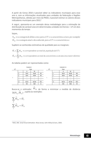 Metodologia 65
A partir do Censo 2010 é possível obter os indicadores municipais para esse
ano e, com as informações atualizadas para unidades da federação e Regiões
Metropolitanas, obtidas por meio da PNAD, é possível estimar os valores desses
indicadores municipais para 2012.1
A seguir, apresenta-se um exemplo dessa metodologia para a estimação da
distribuição da variável sexo em determinadas unidades territoriais – UT em dois
momentos do tempo.
Sejam,
aticacaracterísaeiUTaparadadesconhecieatualcontagemaM
exemplo)por(sexoaticacaracterísaeiUTaparacensoúltimodocontagemaN
ia
ia
⇒
⇒
Supõem-se conhecidas estimativas de qualidade para as marginais:
(distrito)maioráreaumaematicacaracterísdatotalaoentecorrespondMM
iUTdapopulaçãodatotalaoentecorrespondMM
i
iaa
a
iai
⇒≅
⇒≅
∑
∑
ˆ
ˆ
As tabelas podem ser representadas como:
Instante t Instante t+1
UT Sexo UT Sexo
I
H M
i
H M
1 N1H N1M N1 1 M1H M1M M1
2 N2H N2M N2 2 M2H M2M M2
.... .... .... .... .... .... .... ....
.... .... .... .... .... .... .... ....
m NmH NmM Nm m MmH MmM Mm
NH NM N MH MM M
Busca-se o estimador iaM
~
ˆ
de forma a minimizar a medida de distância
)M
~
ˆ,N(D iaia
, sujeito às restrições:
a
i
ia
i
a
ia
MM
MM
ˆ
~
ˆ
ˆ
~
ˆ
=
=
∑
∑
1
RAO, JNK. Small Area Estimation. New Jersey: John Wiley & Sons, 2003.
 