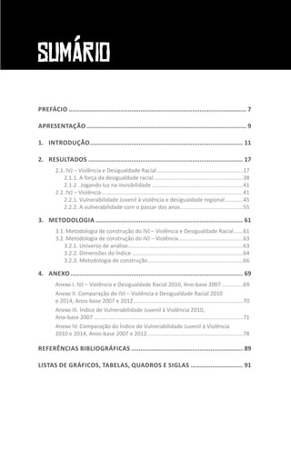 SUMÁRIO
PREFÁCIO.................................................................................................... 7
APRESENTAÇÃO.......................................................................................... 9
1.	 INTRODUÇÃO...................................................................................... 11
2.	 RESULTADOS....................................................................................... 17
2.1.	IVJ – Violência e Desigualdade Racial.........................................................17
2.1.1. A força da desigualdade racial...........................................................38
2.1.2 . Jogando luz na invisibilidade............................................................41
2.2.	IVJ – Violência.............................................................................................41
2.2.1. Vulnerabilidade Juvenil à violência e desigualdade regional.............45
2.2.2. A vulnerabilidade com o passar dos anos..........................................55
3.	 METODOLOGIA................................................................................... 61
3.1.	Metodologia de construção do IVJ – Violência e Desigualdade Racial.......61
3.2.	Metodologia de construção do IVJ – Violência...........................................63
3.2.1. Universo de análise...........................................................................63
3.2.2. Dimensões do Índice.........................................................................64
3.2.3. Metodologia de construção...............................................................66
4.	 ANEXO................................................................................................. 69
Anexo I. IVJ – Violência e Desigualdade Racial 2010, Ano-base 2007...............69
Anexo II. Comparação do IVJ – Violência e Desigualdade Racial 2010
e 2014, Anos-base 2007 e 2012........................................................................70
Anexo III. Índice de Vulnerabilidade Juvenil à Violência 2010,
Ano-base 2007..................................................................................................71
Anexo IV. Comparação do Índice de Vulnerabilidade Juvenil à Violência
2010 e 2014, Anos-base 2007 e 2012...............................................................78
REFERÊNCIAS BIBLIOGRÁFICAS............................................................... 89
LISTAS DE GRÁFICOS, TABELAS, QUADROS E SIGLAS.............................. 91
 