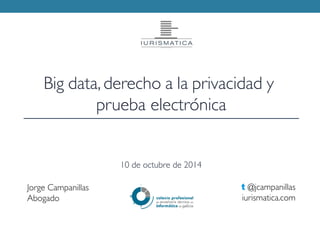 Jorge Campanillas
Abogado
t @jcampanillas
iurismatica.com
Big data, derecho a la privacidad y
prueba electrónica
10 de octubre de 2014
 