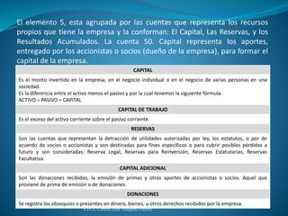 El elemento 5, esta agrupada por las cuentas que representa los recursos
propios que tiene la empresa y la conforman: El Capital, Las Reservas, y los
Resultados Acumulados. La cuenta 50. Capital representa los aportes,
entregado por los accionistas o socios (dueño de la empresa), para formar el
capital de la empresa.
CPCC Carlos Luis Vasquez Flores
CAPITAL
Es el monto invertido en la empresa, en el negocio individual o en el negocio de varias personas en una
sociedad.
Es la diferencia entre el activo menos el pasivo y por la cual tenemos la siguiente fórmula:
ACTIVO – PASIVO = CAPITAL
CAPITAL DE TRABAJO
Es el exceso del activo corriente sobre el pasivo corriente.
RESERVAS
Son las cuentas que representan la detracción de utilidades autorizadas por ley, los estatutos, o por de
acuerdo de socios o accionistas y son destinadas para fines específicos o para cubrir posibles pérdidas a
futuro y son consideradas: Reserva Legal, Reservas para Reinversión, Reservas Estatutarias, Reservas
Facultativa.
CAPITAL ADICIONAL
Son las donaciones recibidas, la emisión de primas y otros aportes de accionistas o socios. Aquel que
proviene de prima de emisión o de donaciones.
DONACIONES
Se registra los obsequios o presentes en dinero, bienes, u otros derechos recibidos por la empresa.
 