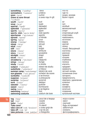 120
something /’sãméïç/
somewhere /’sãmweá/
soon /su:n/
(have a) sore throat
/’sà:JrRt/
south /saìé/
soup /su:p/
special /’speEl/
splendid /’splendïd/
sports /spA:ts/
sports club /’spA:ts klDb/
sportsman /’spà:tsmán/
spread /spred/
spring /sprïç/
stamp /’stImp/
steep /sti:p/
stick /stïk/
still /stïl/
stone /stRn/
story /’stà:ri/
straight /strít/
straw /strà:/
strawberry /’strà:bBri/
stripe /straïp/
study /’stDdi/
ceva
undeva
cur]nd
a avea ro[u ]n g]t
sud
sup=
deosebit
splendid
sport
club sportiv
sportiv
a ]ntinde
izvor
timbru
abrupt
b=
lini[tit
s]mbure
povestire
drept
paie
c=p[un=
dung=
a studia
что-то
где-то
скоро, вскоре
болит горло
юг
суп
особый
великолепный
спорт
спортивный клуб
спортсмен
намазывать
источник
марка
крутой
палка
тихий, бесшумный
косточка
рассказ
прямой
солома
клубника
полоса
изучать
subject /’sãbdæïkt/
substitute /’sDbstPtju:t/
summer camp /’sãmá kèmp/
sun glasses /’sãn glë:sïz/
sunbathe /’sãnbePC/
suppose /sá’pRz/
surprise /sá’praïz/
sure /EMB(r)/
sweater /’swetá/
sweet /swi:t/
swing /swiH/
swimming /swimPH/
swimming costume
obiect de studiu
a ]nlocui
tab=r= de var=
ochelari de soare
a se bronza
a presupune
surpriz=
desigur
pulover
bomboan=
a se leg=na
]not
costum de baie
предмет
заменить
летний лагерь
солнечные очки
загорать
предполагать
сюрприз, удивление
конечно
свитер
конфета
качаться
плавание
купальный костюм
tag /tèg/
tail /tíl/
tailor /’tílá/
Take care!
take care of /,tík ‘keá(r)áv/
take off /,tík ‘Of/
take pictures /,tík ‘pïktäáz/
jocul de-a leap[a
coad=
croitor
fii atent!
a avea grij= de
a-[i da jos
a fotografia
игра в салки
хвост
портной
будь осторожен!
заботиться
снимать
фотографировать
 