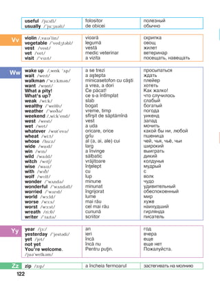122
violin /,vaïB’lin/
vegetable /’vedGtBbl/
vest /vest/
vet /vet/
visit /’vïzït/
vioar=
legum=
vest=
medic veterinar
a vizita
скрипка
овощ
жилет
ветеринар
посещать, навещать
wake up /,wík ‘ãp/
wait /wePt/
walkman /’wA:kmBn/
want /wînt/
What a pity!
What’s up?
weak /wi:k/
wealthy /’weléï/
weather /’weâá/
weekend /,wi:k’end/
west /west/
wet /wet/
whatever /wît’evá/
wheat /wi:t/
whose /hu:z/
wide /waïd/
win /wïn/
wild /waïld/
witch /wïtä/
wise /waïz/
with /wïâ/
wolf /wìlf/
wonder /’wãndá/
wonderful /’wDndBfl/
worried /’wDrPd/
world /wå:ld/
worse /wå:s/
worst /wå:st/
wreath /ri:é/
writer /’raïtá/
a se trezi
a a[tepta
minicasetofon cu c=[ti
a vrea, a dori
Ce p=cat!
ce s-a ]nt]mplat
slab
bogat
vreme, timp
sf]r[it de s=pt=m]n=
vest
a uda
oricare, orice
gr]u
al (a, ai, ale) cui
larg
a ]nvinge
s=lbatic
vr=jitoare
]nelept
cu
lup
minune
minunat
]ngrijorat
lume
mai r=u
cel mai r=u
cunun=
scriitor
просыпаться
ждать
плейер
хотеть
Как жалко!
что случилось
слабый
богатый
погода
уикенд
запад
мочить
какой бы ни, любой
пшеница
чей, чья, чьё, чьи
широкий
выиграть
дикий
колдунья
мудрый
с
волк
чудо
удивительный
обеспокоенный
мир
хуже
наихудший
гирлянда
писатель
year /jå:/
yesterday /’jestBdi/
yet /jet/
not yet
You’re welcome.
/juB’welkBm/
an
ieri
]nc=
]nc= nu
Pentru puin.
год
вчера
еще
еще нет
Пожалуйста.
zip /zPp/ a ]ncheia fermoarul застегивать на молнию
useful /ju:sfl/
usually /’ju:æuáli/
folositor
de obicei
полезный
обычно
 