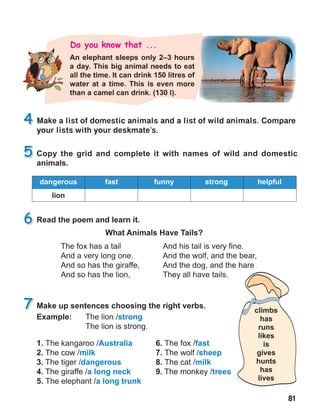 81
Make a list of domestic animals and a list of wild animals. Compare
your lists with your deskmate’s.
 