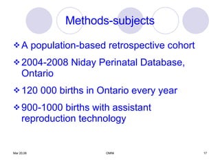 Methods-subjects A population-based retrospective cohort 2004-2008 Niday Perinatal Database, Ontario 120 000 births in Ontario every year 900-1000 births with assistant reproduction technology 
