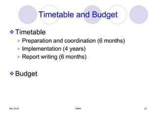 Timetable and Budget Timetable Preparation and coordination (6 months) Implementation (4 years) Report writing (6 months) Budget 