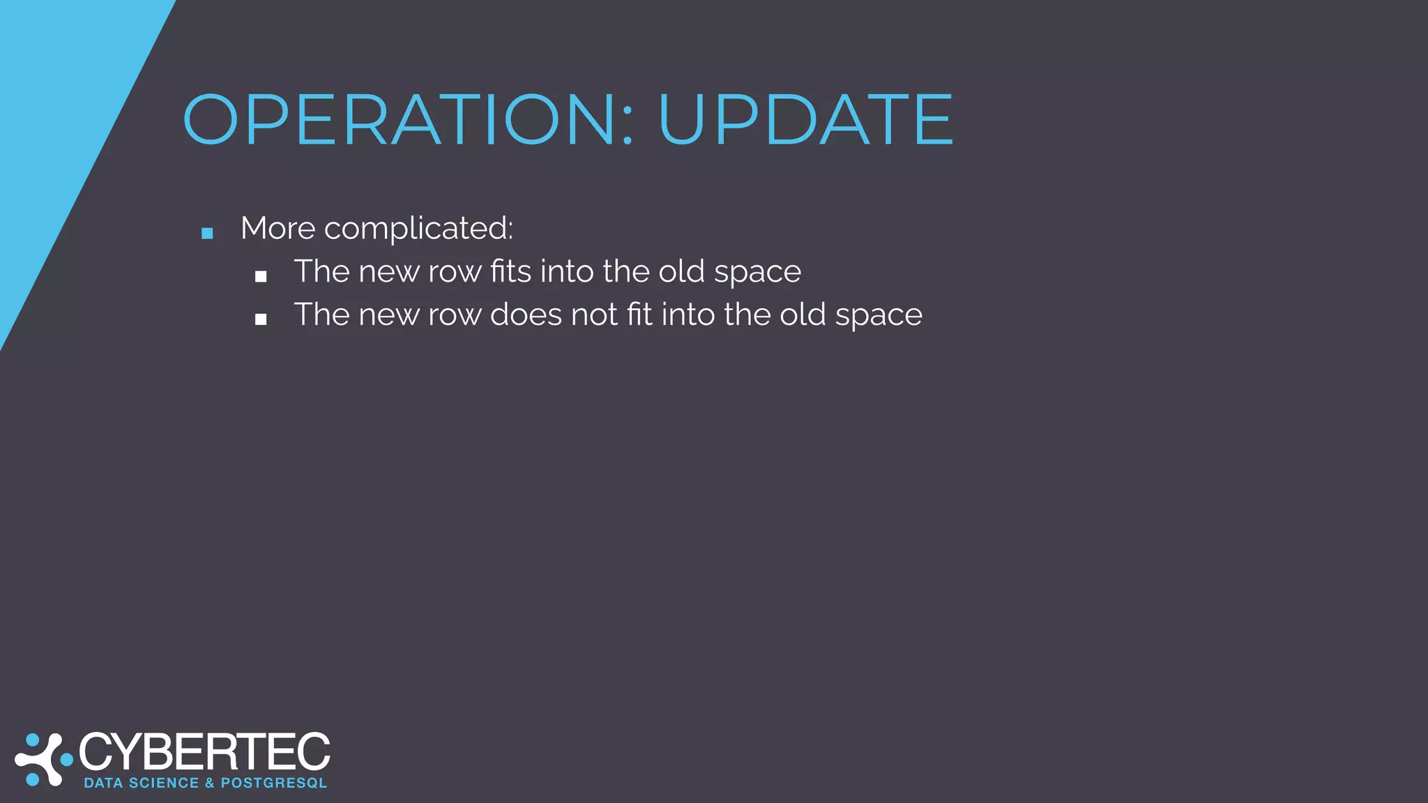 OPERATION: UPDATE
■ More complicated:
■ The new row ﬁts into the old space
■ The new row does not ﬁt into the old space
 