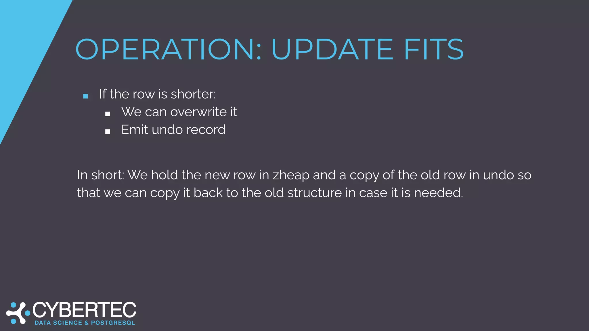 OPERATION: UPDATE FITS
■ If the row is shorter:
■ We can overwrite it
■ Emit undo record
In short: We hold the new row in zheap and a copy of the old row in undo so
that we can copy it back to the old structure in case it is needed.
 