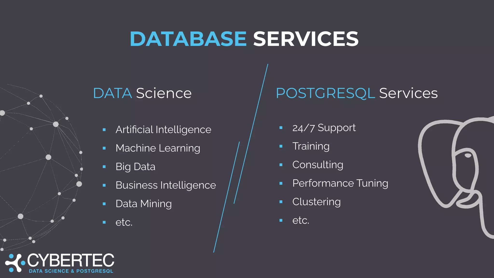 DATABASE SERVICES
DATA Science
▪ Artiﬁcial Intelligence
▪ Machine Learning
▪ Big Data
▪ Business Intelligence
▪ Data Mining
▪ etc.
POSTGRESQL Services
▪ 24/7 Support
▪ Training
▪ Consulting
▪ Performance Tuning
▪ Clustering
▪ etc.
 