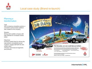 Local case study (Brand re-launch)


Planning a
transformation
Task
With increasing competitive activity, a
consistent communication platform
was created for the company .

Situation
Strong solid credible company with
high potential for increased market
share.

Objectives
Increase market share by driving the
new position consistently across:
»Culture: engage staff with the new
unified vision
»Product: harmonize all segments
and products.
 