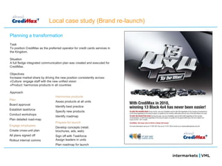 Local case study (Brand re-launch)

Planning a transformation
Task
To position CrediMax as the preferred operator for credit cards services in
the Kingdom.

Situation
A full fledge integrated communication plan was created and executed for
CrediMax.

Objectives
Increase market share by driving the new position consistently across:
»Culture: engage staff with the new unified vision
»Product: harmonize products in all countries

Approach
                                  Harmonise products
Plan
                                  Asses products at all units
Board approval
                                  Identify best practice
Establish taskforce
                                  Specify new products
Conduct workshops
                                  Identify roadmap
Plan detailed road-map
                                  Prepare for launch
Engage employees
                                  Develop concepts (retail,
Create cross-unit plan            brochures, ads, web)
All plans signed off              Sign off with Taskforce
Rollout internal comms            Assign leaders in units
                                  Plan roadmap for launch
 