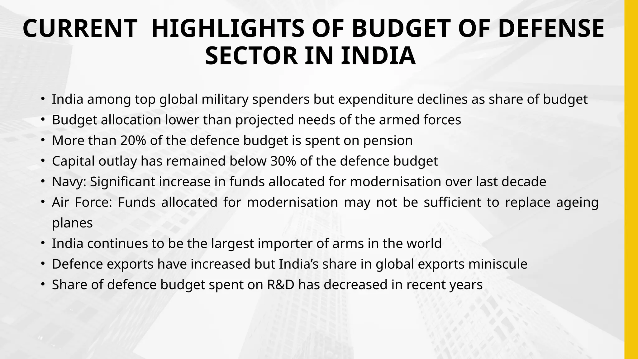 CURRENT HIGHLIGHTS OF BUDGET OF DEFENSE
SECTOR IN INDIA
• India among top global military spenders but expenditure declines as share of budget
• Budget allocation lower than projected needs of the armed forces
• More than 20% of the defence budget is spent on pension
• Capital outlay has remained below 30% of the defence budget
• Navy: Significant increase in funds allocated for modernisation over last decade
• Air Force: Funds allocated for modernisation may not be sufficient to replace ageing
planes
• India continues to be the largest importer of arms in the world
• Defence exports have increased but India’s share in global exports miniscule
• Share of defence budget spent on R&D has decreased in recent years
 