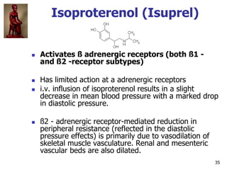 35
Isoproterenol (Isuprel)
 Activates ß adrenergic receptors (both ß1 - and
ß2 -receptor subtypes)
 Has limited action a...