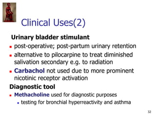 32
Clinical Uses(2)
Urinary bladder stimulant
 post-operative; post-partum urinary retention
 alternative to pilocarpine...
