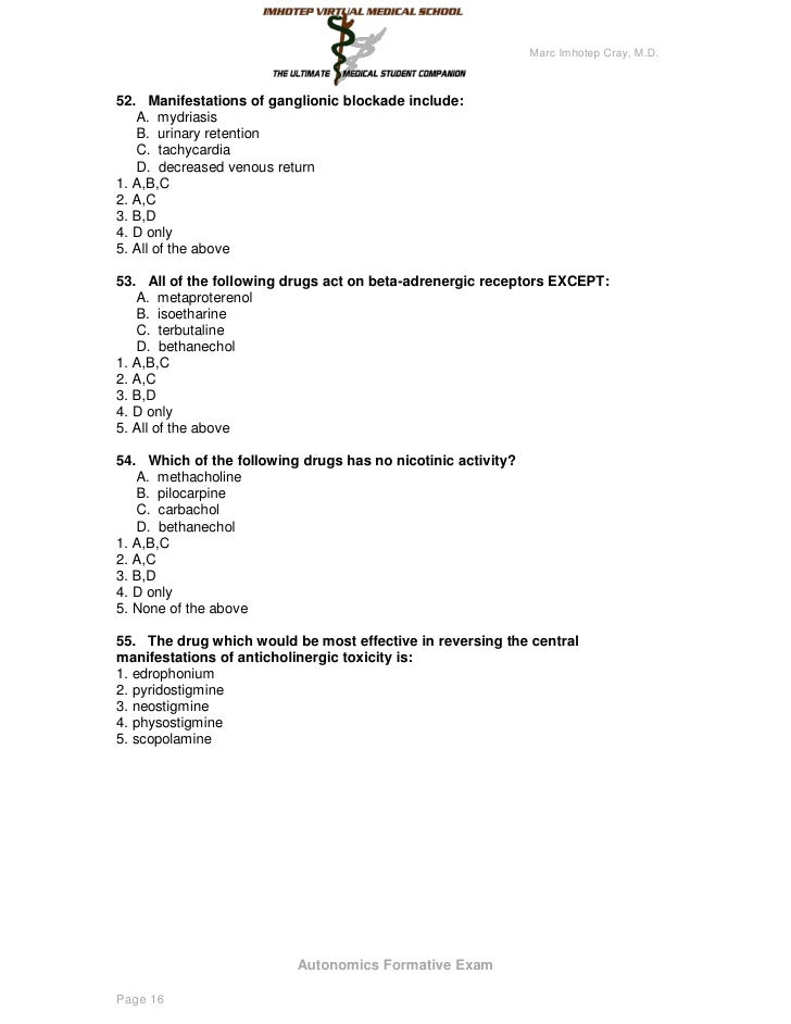 IVMS-Autonomic Pharmacology Formative Exam with Answer Key