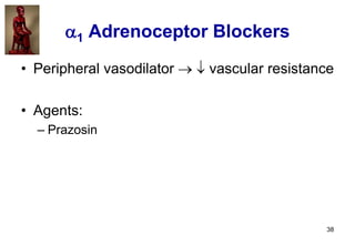 38
1 Adrenoceptor Blockers
• Peripheral vasodilator   vascular resistance
• Agents:
– Prazosin
 