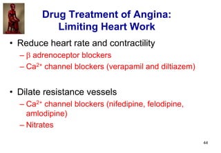 44
• Reduce heart rate and contractility
–  adrenoceptor blockers
– Ca2+ channel blockers (verapamil and diltiazem)
• Dil...
