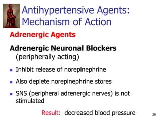 26
Antihypertensive Agents:
Mechanism of Action
Adrenergic Agents
Adrenergic Neuronal Blockers
(peripherally acting)
 Inh...