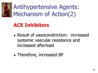 35
Antihypertensive Agents:
Mechanism of Action(2)
ACE Inhibitors
 Result of vasoconstriction: increased
systemic vascula...