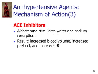36
Antihypertensive Agents:
Mechanism of Action(3)
ACE Inhibitors
 Aldosterone stimulates water and sodium
resorption.
 ...
