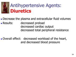 54
Antihypertensive Agents:
Diuretics
 Decrease the plasma and extracellular fluid volumes
 Results: decreased preload
d...