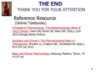 30
Reference Resource
(Online Textbooks)
Principles of Pharmacology: The Pathophysiologic Basis of
Drug Therapy Cairo CW, ...