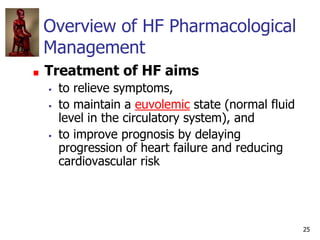 25
Overview of HF Pharmacological
Management
Treatment of HF aims
 to relieve symptoms,
 to maintain a euvolemic state (...