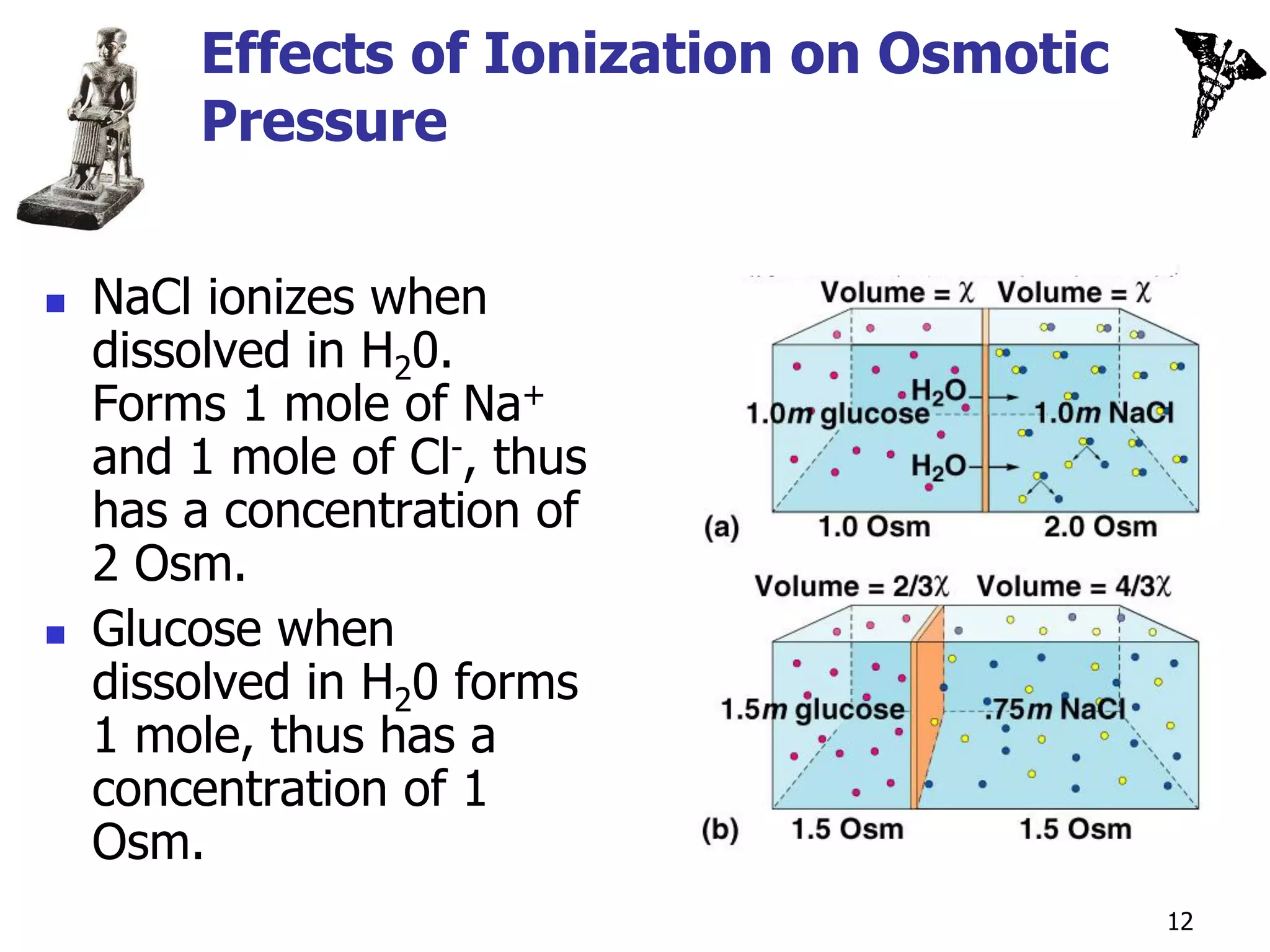 Effects of Ionization on Osmotic
         Pressure


   NaCl ionizes when
    dissolved in H20.
    Forms 1 mole of Na+
    and 1 mole of Cl-, thus
    has a concentration of
    2 Osm.
   Glucose when
    dissolved in H20 forms
    1 mole, thus has a
    concentration of 1
    Osm.
                                            12
 