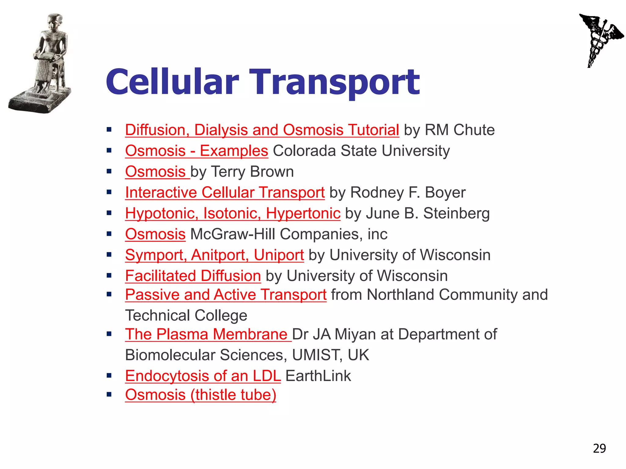 Cellular Transport
 Diffusion, Dialysis and Osmosis Tutorial by RM Chute
 Osmosis - Examples Colorada State University
 Osmosis by Terry Brown
 Interactive Cellular Transport by Rodney F. Boyer
 Hypotonic, Isotonic, Hypertonic by June B. Steinberg
 Osmosis McGraw-Hill Companies, inc
 Symport, Anitport, Uniport by University of Wisconsin
 Facilitated Diffusion by University of Wisconsin
 Passive and Active Transport from Northland Community and
  Technical College
 The Plasma Membrane Dr JA Miyan at Department of
  Biomolecular Sciences, UMIST, UK
 Endocytosis of an LDL EarthLink
 Osmosis (thistle tube)


                                                              29
 