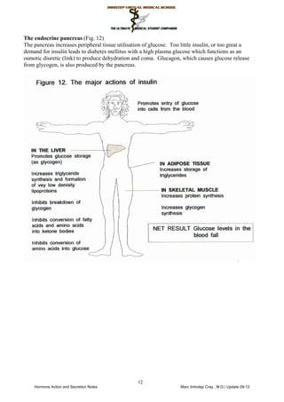 The endocrine pancreas (Fig. 12)
The pancreas increases peripheral tissue utilisation of glucose. Too little insulin, or too great a
demand for insulin leads to diabetes mellitus with a high plasma glucose which functions as an
osmotic diuretic (link) to produce dehydration and coma. Glucagon, which causes glucose release
from glycogen, is also produced by the pancreas.
12
 