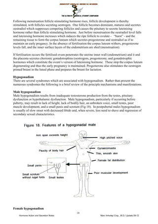 Following menstruation follicle stimulating hormone rises, follicle development is thereby
stimulated, with follicles secreting oestrogen. One follicle becomes dominant, matures and secretes
oestradiol which suppresses competing follicles and causes the pituitary to secrete luteinising
hormone rather than follicle stimulating hormone. Just before menstruation the oestradiol level falls
and luteinising hormone increases which induces the ripe follicle to ovulate - “burst” - and the
remaining tissue to form the corpus luteum which secretes progesterone and oestradiol as if to
maintain an early pregancy. In the absence of fertilisation the corpus luteum withers, progesterone
levels fall, and the inner surface layers of the endometrium are shed (menstruation).
If fertilisation occurs the fertilised ovum penetrates the uterine inner wall (endometrium) and it and
the placenta secretes chorionic gonadotrophins (oestrogens, progesterone, and gonadotrophic
hormones which constitute the ovum’s version of luteinising hormone. These stop the corpus luteum
degenerating and thus the early pregnancy is maintained. Progesterone also stimulates the oestrogen
primed breast in the luteal phase and prepares the breast for lactation.
Hypogonadism
There are several syndromes which are associated with hypogonadism. Rather than present the
numerous syndromes the following is a brief review of the principle mechanisms and manifestations.
Male hypogonadism
Male hypogonadism results from inadequate testosterone production from the testes, pituitary
dysfunction or hypothalamic dysfunction. Male hypogonadism, particularly if occurring before
puberty, may result in lack of height, lack of bodily hair, an unbroken voice, small testes, poor
muscle development, and a small penis and scrotum (Fig 18). In postpubertal males hypogonadism
is usually of slow onset with decreased libido and, when severe, less need to shave and regression of
secondary sexual characteristics.
18
 