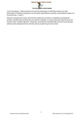 cycle (oestrogens). Often dynamic tests (giving stimulating or inhibiting stimuli) are used,
particularly if feedback mechanisms involving the hypothalamus, pituitary and peripheral organs are
involved (Figs. 1 and 2).
Hormones produced by tissues derived from embryonic ectoderm or endoderm (including the
pituitary, parathyroids and pancreas) are proteins, peptides, or amino acids and cannot be given by
mouth as they would be digested. Hormones secreted from mesodermally derived tissues (gonads,
adrenal cortex and placenta) are steroids and can usually be given by mouth.
4
 