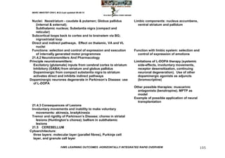 MARC IMHOTEP CRAY, M.D./Last updated 06-08-12



 Nuclei: Neostriatum - caudate & putamen; Globus pallidus            Limbic components: nucleus accumbens,
    (internal & external);                                             ventral striatum and pallidum
    Subthalamic nucleus; Substantia nigra (compact and
    reticular)
 Subcortical loops back to cortex and to brainstem via BG;
    nigrostriatal loop
 Direct and indirect pathways. Effect on thalamic, VA and VL
    nuclei
 Functions: selection and control of expression and execution        Function with limbic system: selection and
    of internally generated motor programmes                           control of expression of emotions
 21.4.2 Neurotransmitters And Pharmacology
Principle neurotransmitters:                                         Limitations of L-DOPA therapy (systemic
  Excitatory (glutamate) inputs from cerebral cortex to striatum       side-effects, involuntary movements,
  Inhibitory (GABA) from striatum and globus pallidus                  receptor desensitization, continuing
  Dopaminergic from compact substantia nigra to striatum               neuronal degeneration). Use of other
  activates direct and inhibits indirect pathways                      dopaminergic agonists as adjuncts
Dopaminergic neurones degenerate in Parkinson‘s Disease: use           (bromocriptine)
  of L-DOPA
                                                                     Other possible therapies: muscarinic
                                                                       antagonists (benztropine). MPTP as
                                                                       model
                                                                     Example of possible application of neural
                                                                       transplantation
 21.4.3 Consequences of Lesions
 Involuntary movements and inability to make voluntary
    movements: akinesia, bradykinesia
 Tremor and rigidity of Parkinson‘s Disease; chorea in striatal
    lesions (Huntington‘s chorea); ballism in subthalamic
    lesions
 21.5 CEREBELLUM
Cytoarchitecture:
  three layers: molecular layer (parallel fibres), Purkinje cell
  layer, and granule cell layer

                         IVMS LEARNING OUTCOMES -HORIZONTALLY INTEGRATED RAPID OVERVIEW                           105
 