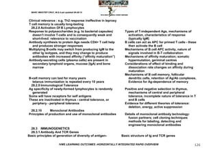 MARC IMHOTEP CRAY, M.D./Last updated 06-08-12



Clinical relevance : e.g. Th2 response ineffective in leprosy
T cell memory is usually long-lasting
  28.2.8 Activation Of B Lymphocytes
Response to polysaccharides (e.g. to bacterial capsules)           Types of T-independent Ags, mechanisms of
   doesn‘t involve T-cells and is consequently weak and              activation, characteristics of response
   short-lived: relevance to vaccination                             (typically IgM)
Antibody synthesis to protein Ags needs CD4+ T cell help           B cells can act as APC for primed T cells - these
   and produces stronger responses                                   then activate the B cell
Multiplying B-cells may switch from producing IgM to the           Mechanisms of B cell APC activity, nature of
   other Ig isotypes, and they may change to produce                 signals involved in B-T collaboration
   antibodies with increased affinity (―affinity maturation‖)      Mechanisms of affinity maturation; somatic
Antibody-secreting cells (plasma cells) are present in               hypermutation, germinal centres
   secondary lymphoid organs, mucose (IgA) and bone                Considerations of effect of binding and
   marrow                                                            dissociation rate changes on affinity during
                                                                     maturation
                                                                   Mechanisms of B cell memory, follicular
B-cell memory can last for many years                                dendritic cells, retention of Ag/Ab complexes.
  tetanus immunization is repeated every 10 years                    Evidence for Ag-dependence of memory
 28.2.9 Immunological Tolerance
Ag specificity of newly-formed lymphocytes is randomly             Positive and negative selection in thymus,
  generated                                                          mechanisms of central and peripheral
Some will have receptors for self antigens                           tolerance, incomplete nature of tolerance in T
These are inactivated in thymus - central tolerance, or              and B cells
  periphery - peripheral tolerance                                 Evidence for different theories of tolerance:
                                                                     deletion, anergy, active suppression
 28.2.10       Monoclonal Antibodies
Principles of production and use of monoclonal antibodies          Details of monoclonal antibody technology:
                                                                     fusion partners; cell cloning techniques
                                                                     methods for labeling, detecting and
                                                                     engineering monoclonal antibodies
  28.3 IMMUNOGENETICS
  28.3.1 Antibody And TCR Genes
Basic principles of generation of diversity of antigen-         Basic structure of Ig and TCR genes

                          IVMS LEARNING OUTCOMES -HORIZONTALLY INTEGRATED RAPID OVERVIEW                          126
 