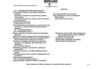 MARC IMHOTEP CRAY, M.D./Last updated 06-08-12



                                                                        expensive
 33.4 EPIDEMIOLOGY AND PUBLIC HEALTH
Principles of prevention and control of infections
   diseases:                                                  The need to develop new vaccines
   prevention of exposure; quarantine (e.g. rabies)           New strategies for vaccine development
   immunization                                                 DNA vaccines
   control of reservoirs (e.g. rabies); control of vectors      recombinant viral vaccines
   (e.g. yellow fever)
Concept of herd immunity
 34 IMMUNOPATHOLOGY
Concept that immune responses can cause harm to the
   host and are central to many clinically important
   diseases
 34.1 HYPERSENSITIVITY
 34.1.1 Anaphylactic (Type 1)
Allergic responses (hay fever, asthma, food allergies            Distribution of mast cells, ways of triggering
   (peanuts)                                                        mast cell degranulation, other mediators
Central role of IgE in triggering mast cell degranulation           released from mast cells
Histamine, leukotrienes - effects on smooth muscle of            Physiology of anaphylaxis
   blood vessels and bronchi and on mucosae                      Genetic basis of allergies and asthma
Treatment: immediate: anti-histamines, adrenaline                Relationship to Th2 responses
   long-term: cromoglycate, glucocorticoids, anti-
   histamines
 34.1.2 Cytotoxic (Type 2)
Mediated by antibody  complement - cell lysis or
   opsonisation
Transfusion reactions - the ABO and Rhesus blood
   groups
Haemolytic disease of the new-born; pathogenesis and
   prevention
Hyperacute allograft rejection
 34.1.3 Immune Complexes (Type 3)
Antigen/antibody complexes activate complement,

                         IVMS LEARNING OUTCOMES -HORIZONTALLY INTEGRATED RAPID OVERVIEW                           141
 
