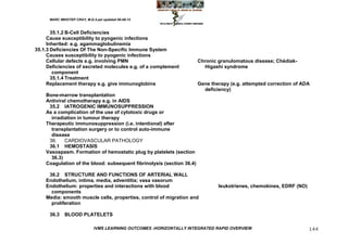 MARC IMHOTEP CRAY, M.D./Last updated 06-08-12



       35.1.2 B-Cell Deficiencies
     Cause susceptibility to pyogenic infections
     Inherited: e.g. agammaglobulinemia
35.1.3 Deficiencies Of The Non-Specific Immune System
     Causes susceptibility to pyogenic infections
     Cellular defects e.g. involving PMN                               Chronic granulomatous disease; Chédiak-
     Deficiencies of secreted molecules e.g. of a complement             Higashi syndrome
        component
       35.1.4 Treatment
     Replacement therapy e.g. give immunoglobins                       Gene therapy (e.g. attempted correction of ADA
                                                                         deficiency)
    Bone-marrow transplantation
    Antiviral chemotherapy e.g. in AIDS
     35.2 IATROGENIC IMMUNOSUPPRESSION
    As a complication of the use of cytotoxic drugs or
      irradiation in tumour therapy
    Therapeutic immunosuppression (i.e. intentional) after
      transplantation surgery or to control auto-immune
      disease
     36.    CARDIOVASCULAR PATHOLOGY
     36.1 HEMOSTASIS
    Vasospasm. Formation of hemostatic plug by platelets (section
      36.3)
    Coagulation of the blood: subsequent fibrinolysis (section 36.4)

     36.2 STRUCTURE AND FUNCTIONS OF ARTERIAL WALL
    Endothelium, intima, media, adventitia; vasa vasorum
    Endothelium: properties and interactions with blood                        leukotrienes, chemokines, EDRF (NO)
      components
    Media: smooth muscle cells, properties, control of migration and
      proliferation

      36.3    BLOOD PLATELETS

                              IVMS LEARNING OUTCOMES -HORIZONTALLY INTEGRATED RAPID OVERVIEW                         144
 