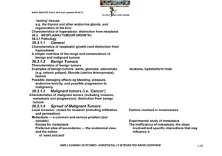 MARC IMHOTEP CRAY, M.D./Last updated 06-08-12



   ‗resting‘ tissues
   e.g. the thyroid and other endocrine glands, and
   regeneration of the liver
 Characteristics of hyperplasia: distinction from neoplasia
 38.3 NEOPLASIA (TUMOUR GROWTH)
 38.3.1 Pathology
 38.3.1.1        General
 Characteristics of neoplastic growth (and distinction from
   hyperplasia)
 A simple overview of the range and nomenclature of
   benign and malignant tumors
 38.3.1.2        Benign Tumors
 Characteristics of benign tumors
 Examples of benign tumors: warts; gliomata; adenomata             teratoma, hydatidiform mole
   (e.g. colonic polyps); fibroids (uterine leiomyomata);
   lipoma
 Possible damaging effects eg bleeding, pressure,
   endocrine toxicity, and possible progression to
   malignancy
 38.3.1.3        Malignant tumors (i.e. ‘Cancer’)
Characteristics of malignant tumors (including invasion,
  metastasis and progression): distinction from benign
  tumors
 38.3.1.4        Spread of Malignant Tumors
 Local invasion: routes for invasion (including infiltration       Factors involved in invasiveness
   and permeation)
 Metastasis — a common and serious problem (but
   variable)                                                       Experimental study of metastasis
   Routes for metastasis                                           The inefficiency of metastasis, the steps
   Preferred sites of secondaries — the anatomical view,             involved and specific interactions that may
   and the notion                                                    influence it
     of ‗seed and soil‘


                         IVMS LEARNING OUTCOMES -HORIZONTALLY INTEGRATED RAPID OVERVIEW                        148
 