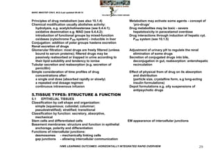 MARC IMHOTEP CRAY, M.D./Last updated 06-08-12



Principles of drug metabolism (see also 10.1.4)                   Metabolism may activate some agents - concept of
Chemical modification usually abolishes activity:                   ‗pro-drugs‘
   hydrolysis, e.g. acetylcholinesterase (see 6.4.4.1);           Drug metabolites may be toxic - severe
   oxidative deamination e.g. MAO (see 6.4.4.2);                    hepatotoxicity in paracetamol overdose
   introduction of functional groups by mixed-function            Drug interactions through induction of hepatic cyt.
   oxidases (cytochrome P450 system) - inducible in liver           P450 system (see 10.1.5)
Conjugation: addition of polar groups hastens excretion
Renal excretion of drugs
Glomerular filtration: most drugs are freely filtered (unless     Adjustment of urinary pH to regulate the renal
   bound to serum proteins); filtered drugs may be                  elimination of some drugs
   passively reabsorbed or trapped in urine according to          Secretion of conjugated drugs into bile,
   their lipid solubility and tendency to ionise                    deconjugation in gut, reabsorption: enterohepatic
Tubular secretion and reabsorption (e.g. secretion of               recirculation
   penicillin)
Simple consideration of time profiles of drug                     Effect of physical from of drug on its absorption
   concentrations after:                                             and distribution
   a single oral dose (absorbed rapidly or slowly)                   (particle size, crystalline form, e.g long-acting
   a repeated oral dosage regimen                                    insulin formulations)
   continuous intravenous infusion                                Depot formulations e.g. oily suspensions of
                                                                     antipsychotic drugs
5.TISSUE TYPES: STRUCTURE & FUNCTION
5.1   EPITHELIAL TISSUES
Classification by cell shape and organization:
   simple (squamous; cuboidal; columnar;
   pseudostratified); stratified; transitional
Classification by function: secretory, absorptive,
   mechanical
Stem cells and differentiated cells                              EM appearance of intercellular junctions
Basement membranes: structure and function in epithelial
   anchorage, polarity and differentiation
Functions of intercellular junctions:
   desmosomes - mechanically linking cells
   gap junctions - allowing intercellular communication

                        IVMS LEARNING OUTCOMES -HORIZONTALLY INTEGRATED RAPID OVERVIEW                             29
 