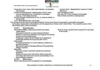 MARC IMHOTEP CRAY, M.D./Last updated 06-08-12



     Production of rbc: stem cells (erythroblasts), normoblasts,      intrinsic factor. Megaloblastic anaemia in folate
        reticulocytes                                                 deficiency
     Control of erythropoiesis: erythropoietin (14.8.1), bone      Use of exogenous EPO
        marrow hyperplasia e.g. in response to prolonged           (see also 10.1.3 Iron transport and storage)
        hypoxia, or hemolytic anaemia                              Role of folate and B12 in erythropoiesis
     Anemia through insufficiency of iron, or vitamins (folate, or
        vitamin B12)
     5.4.2 White Blood Cells: Leucocytes
You should know the roles and normal abundance and turnover times of neutrophils, eosinophils, basophils,
  monocytes, lymphocytes and platelets; and the appearance of these cells in blood films. You should be aware of the
  role of stem cells in their production.
     5.4.2.1         Granulocytes
     Neutrophils (PMNs; polymorphonuclear leucocytes,                  Reserve stores, growth factors specific for each type
       ‗polymorphs‘)                                                     of leucocyte
       Increased production in acute bacterial infection
       Adhere to vascular endothelium and migrate into tissues
       at sites of acute inflammation.
       Phagocytic: ingest, kill and digest micro-organisms,
       particularly bacteria.form pus (see also 10.4.1)
     Eosinophils
       Increased production in chronic allergic conditions or
       parasitic infection
       May protect against damaging effects of long-standing
       allergic reactions
     Basophils
       Granules contain vasoactive substances including
       histamine
       Related to tissue mast cells which release histamine
       (increases blood flow and vascular permeability) in one
       type of allergic response
     5.4.2.2         Monocytes
     Blood cells that give rise by migration to macrophages,


                             IVMS LEARNING OUTCOMES -HORIZONTALLY INTEGRATED RAPID OVERVIEW                           32
 