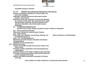 MARC IMHOTEP CRAY, M.D./Last updated 06-08-12



         lung fields and gas in stomach

      8.1.1.2         Skeletal and soft-tissue framework of the thorax
      Sternum, manubrium, xiphisternum, sternal angle, ribs
         and costal cartilages
      Diaphragm, external and internal intercostal muscles,
         phrenic nerve (C3,4,5)
      Movements of the ribs: expansion of transverse diameter
         by movement of the lower ribs; movement of the upper
         ribs give lesser expansion of anterior-posterior and
         transverse diameters; role of intercostal muscles,
         diaphragm
      8.2    PULMONARY MORPHOLOGY
             Structure of the lungs, airways and pleural cavity in relation to respiration
      8.2.1 Pleura and Pleural Cavities
      Pleural sac. Parietal and visceral layers of pleura.
      8.2.2 Upper Airway
      Role of the nose: olfaction, and warming, cleaning, and          Sites of impaction of inhaled bodies
         humidifying inspired air
      Naso-, oro-, and laryngopharynx
      Movements of mouth, tongue, soft palate and pharynx
      during breathing
      Epiglottis, larynx and phonation
8.2.3 Airway And Lungs
      Airway: trachea left and right main bronchi; division into
         lobar bronchi
      Principles of lobar organization and bronchopulmonary
         segmentation
      Structural feature of the lungs in relation to gas exchange
      Principles of pulmonary and bronchial arterial supply and
         venous drainage of the lungs
      Afferent and efferent autonomic innervation of airways
         and lungs

                              IVMS LEARNING OUTCOMES -HORIZONTALLY INTEGRATED RAPID OVERVIEW                  44
 