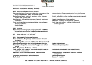 MARC IMHOTEP CRAY, M.D./Last updated 06-08-12



Principles of lymphatic drainage of airway

8.2.4 Tissues of the Respiratory System
General structure of mucous and serous membranes; the            Accumulation of viscous secretion in cystic fibrosis
   mucous membranes of the respiratory tract
Epithelial cell types and their functions in the airways:        Brush cells, Clara cells, small granule-containing cells
   ciliated cells, goblet cells
Development and cellular structure of alveoli: surfactant        Respiratory distress of the new-born
   production                                                    Effects of smoking on respiratory epithelia
Type I and type II pneumocytes, alveolar macrophages,            Role of growth factors in differentiation and
   alveolar capillaries                                             morphogenesis
   elastic fibres

8.2.5 Imaging
Appearance on radiographs, angiograms, CT and MRI of
   normal lung parenchyma and pulmonary vasculature

8.3     RESPIRATORY PHYSIOLOGY

8.3.1 Overview Of Pulmonary Function
Total ventilation. Respiratory dead space and alveolar
   ventilation
Concept of partial pressure and its units of measurement
Resting oxygen uptake and carbon dioxide production              Respiratory quotient
Normal alveolar partial pressures of oxygen and carbon           The alveolar gas equation
   dioxide
8.3.2 Respiratory Mechanics - Statics
Tidal volume, vital capacity, functional residual capacity,      Other lung volumes and their measurement
   and their measurement
Negativity of intra-pleural pressure: pneumothorax               Measurement of intra-pleural pressure and lung
                                                                    compliance
Concepts of compliance, surface tension                          Regional ventilation
Surfactant                                                       Laplace‘s equation

                        IVMS LEARNING OUTCOMES -HORIZONTALLY INTEGRATED RAPID OVERVIEW                            45
 
