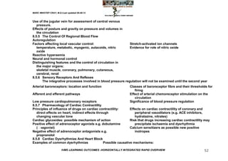 MARC IMHOTEP CRAY, M.D./Last updated 06-08-12



Use of the jugular vein for assessment of central venous
   pressure.
Effects of posture and gravity on pressure and volumes in
   the circulation
8.5.5 The Control Of Regional Blood Flow
Autoregulation
Factors affecting local vascular control:                      Stretch-activated ion channels
   temperature, metabolic, myogenic, autacoids, nitric         Evidence for role of nitric oxide
   oxide
Reactive hyperaemia
Neural and hormonal control
Distinguishing features and the control of circulation in
   the major organs:
   skeletal muscle, coronary, pulmonary, cutaneous,
   cerebral, renal
8.5.6 Sensory Receptors And Reflexes
       The integrative processes involved in blood pressure regulation will not be examined until the second year
Arterial baroreceptors: location and function                    Classes of baroreceptor fibre and their thresholds for
                                                                    firing
Afferent and efferent pathways                                   Effect of arterial chemoreceptor stimulation on the
                                                                    circulation
Low pressure cardiopulmonary receptors                           Significance of blood pressure regulation
8.5.7 Pharmacology of Cardiac Contractility
Principles of influence of drugs on cardiac contractility:        Effects on cardiac contractility of coronary and
   direct effects on heart, indirect effects through                 peripheral vasodilators (e.g. ACE inhibitors,
   changing vascular tone                                            hydralazine, nitrates)
Cardiac glycosides: possible mechanism of action                  Risk that drugs increasing cardiac contractility may
Positive effect of adrenoceptor agonists e.g. dobutamine             precipitate ischaemia and dysrhythmia
   ( agonist)
      -                                                           Calcium sensitizers as possible new positive
Negative effect of adrenoceptor antagonists e.g.                     inotropes
   propranolol
8.5.8 Cardiac Dysrhythmias And Heart Block
Examples of common dysrhythmias                  Possible causative mechanisms:

                        IVMS LEARNING OUTCOMES -HORIZONTALLY INTEGRATED RAPID OVERVIEW                            52
 