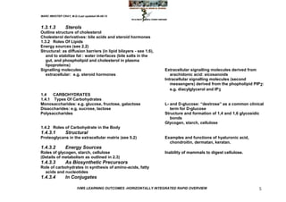 MARC IMHOTEP CRAY, M.D./Last updated 06-08-12



1.3.1.3         Sterols
Outline structure of cholesterol
Cholesterol derivatives: bile acids and steroid hormones
1.3.2 Roles Of Lipids
Energy sources (see 2.2)
Structural: as diffusion barriers (in lipid bilayers - see 1.6),
   and to stabilize fat : water interfaces (bile salts in the
   gut, and phospholipid and cholesterol in plasma
   lipoproteins)
Signalling molecules                                               Extracellular signalling molecules derived from
   extracellular: e.g. steroid hormones                               arachidonic acid: eicosanoids
                                                                   Intracellular signalling molecules (second
                                                                      messengers) derived from the phopholipid PIP2:
                                                                      e.g. diacylglycerol and IP3
1.4   CARBOHYDRATES
1.4.1 Types Of Carbohydrates
Monosaccharides: e.g. glucose, fructose, galactose                 L- and D-glucose: ―dextrose‖ as a common clinical
Disaccharides: e.g. sucrose, lactose                                  term for D-glucose
Polysaccharides                                                    Structure and formation of 1,4 and 1,6 glycosidic
                                                                      bonds
                                                                   Glycogen, starch, cellulose
1.4.2 Roles of Carbohydrate in the Body
1.4.3.1         Structural
Proteoglycans in the extracellular matrix (see 5.2)                Examples and functions of hyaluronic acid,
                                                                     chondroitin, dermatan, keratan.
1.4.3.2         Energy Sources
Roles of glycogen, starch, cellulose                               Inability of mammals to digest cellulose.
(Details of metabolism as outlined in 2.3)
1.4.3.3         As Biosynthetic Precursors
Role of carbohydrates in synthesis of amino-acids, fatty
  acids and nucleotides
1.4.3.4         In Conjugates

                        IVMS LEARNING OUTCOMES -HORIZONTALLY INTEGRATED RAPID OVERVIEW                           5
 